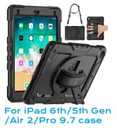 Black protective tablet case with handle grip and stand for iPad Air 13 2024 M2, featuring multiple viewing angles and integrated accessories.