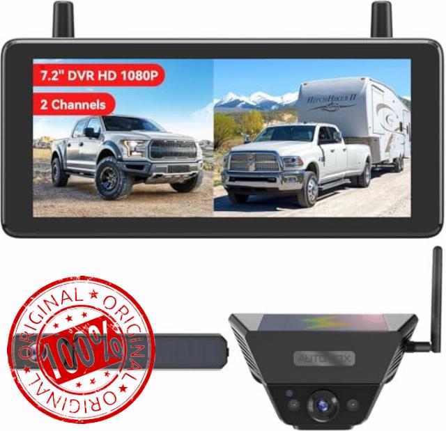 AUTO-VOX Solar Wireless Reversing Camera System with Two Cameras (License Plate & Portable): 7.2” 1080P HD Dual Channel Monitor