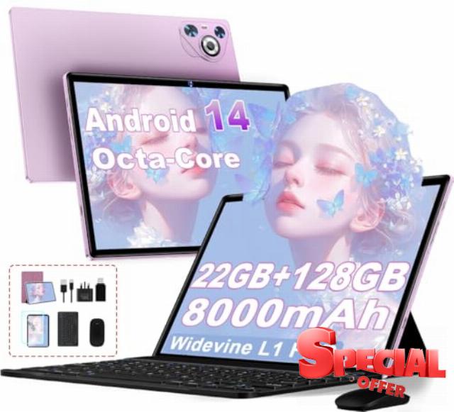 JVVQTB Tablet Android 14 10 Inch Octa Core 22GB RAM + 128GB ROM (1TB TF) | 5G + 2.4G WiFi | GPS| FHD | Bluetooth 5.0 | 8000mAh | 8MP + 5MP | Type C