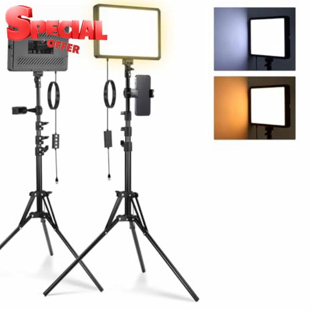 NEEWER Basics 2Pcs LED Video Light Panel with 59'' Tripod Stands/Phone Holders