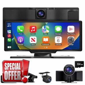 10.26 inch Wireless CarPlay Touchscreen for Car: 4K Dash Cam Car Play Screen with Carplay & Android Auto Portable Car Stereo 1080p Backup Camera Auto Brightness GPS Navigation Bluetooth Mirror Link