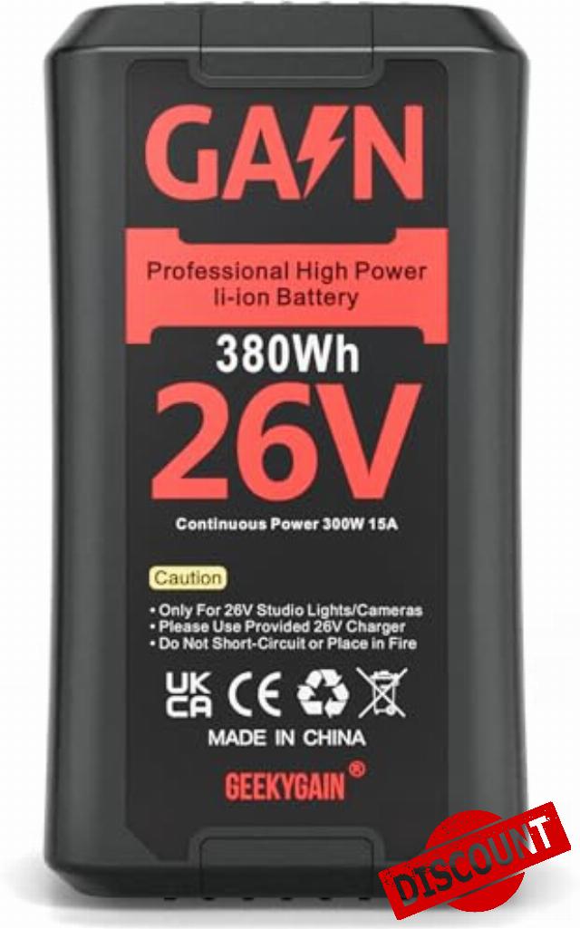 GA!N 26V 380Wh Lithium-Ion Battery - High 14615 mAh Capacity V-Mount Rechargeable Battery with D-Tap Output for Aputure 600d
