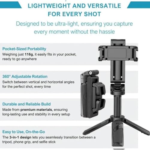 3-in-1 Mini Extendable Phone Grip Tripod Works On All Smartphones (Black)