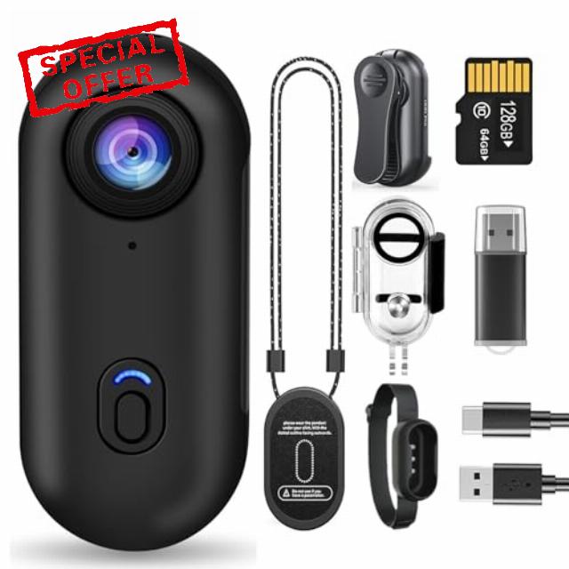 1.26 Oz 128G Tiny Action Camera with Magnetic Design and 360° Rotating Clip - 4K Underwater Camera