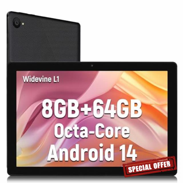 Tablet 10 Inch Android 14 Tablets 1280x800 HD IPS Touchscreen Octa-Core Processor 8 GB RAM + 64 GB ROM (Expand to 1TB) 5 MP + 8 MP Dual Camera 5000 mAh Battery (Black)