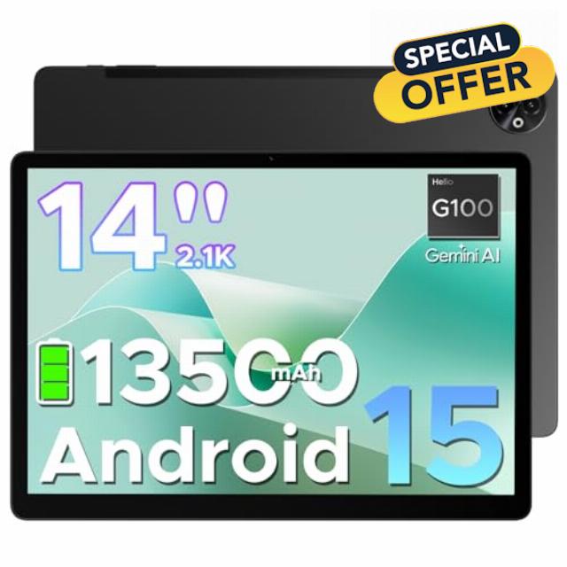 DOOGEE Tab E3 Max 14 Inch Tablet Android 15 Gaming Tablet 13500mAh Large Battery MTK G100 Octa-Core 32GB RAM+256GB ROM (2TB TF)