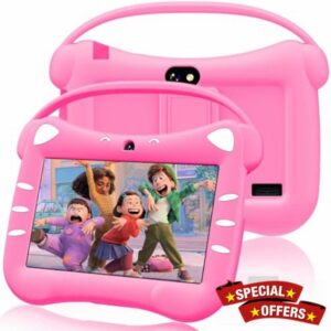 Toddler Tablet for Kids 7 Inch Kids Tablet Android with WiFi Dual Camera Bluetooth Parental Control Shockproof Case Educational Games 32GB ROM ages 3-14 year old (Rose Red)