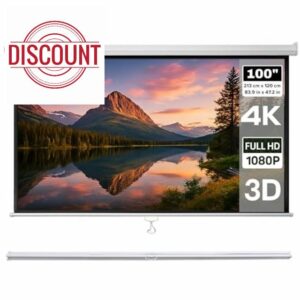 Large Size Pull Down Projector Screen 16:9 100” - 4K/1080P/3D/HD Ready - Wall or Ceiling Mount - 213x120cm / 84”x47” - Retractable With Auto-Lock - White Projection Screens - Home Cinema Or Office Use