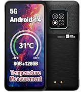 Text reads '5G', 'Android 14', '31°C', 'Temperature', '8GB+128GB', 'Measurement'. Smartphone interface displays showing various system specifications and temperature monitoring features.