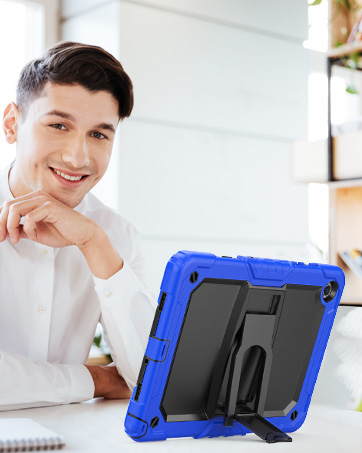 iPad Pro 12.9 inch protective case with built-in stand, showing multiple viewing angles and included accessories.