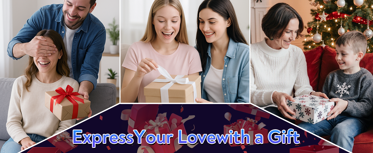 Text reads 'Express Your Love with a Gift'. Holiday-themed collage showing gift-giving moments with wrapped presents and decorative elements.