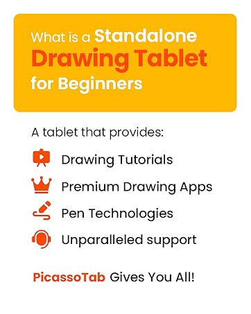 Product advertisement for 'Picasso Tab', a standalone drawing tablet for beginners. Features bold yellow and white text on an orange background.