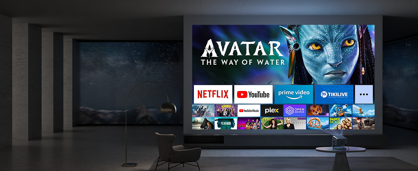 Smart TV display showing streaming service interface with various app icons and Avatar movie banner prominently featured.