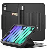 Heavy-duty iPad case with stand featuring kickstand support, reinforced corners, and built-in screen protector. Shown in black with multiple viewing angles.