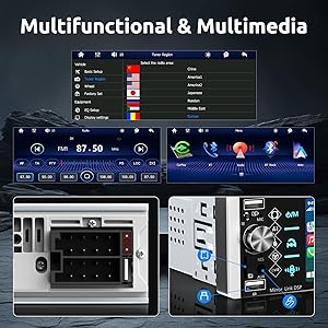 Car dashboard displaying GPS navigation system with split-screen functionality between built-in display and connected smartphone, showing map interface against city skyline backdrop.