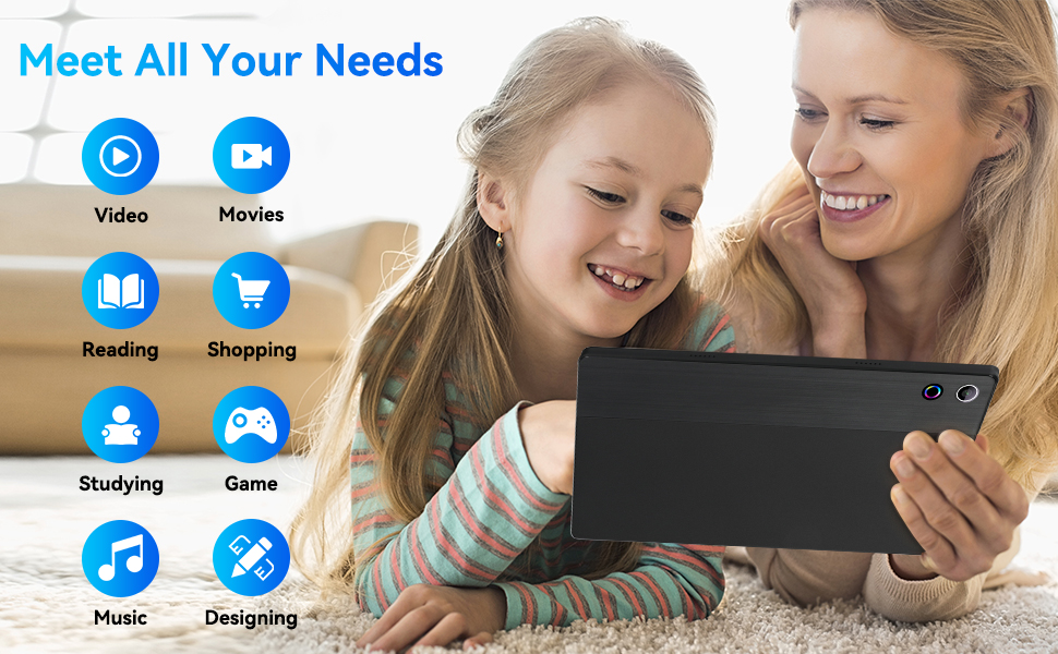 Text reads 'Meet All Your Needs' with circular icons labeled: Video, Movie, Reading, Text, Studying, Game, Music, Drawing. Shows tablet device being used.