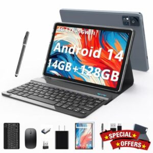 Android14 tablet2025 Latest Tablet10 inch 128GB ROM+14GB RAM+1TB Expand Octa-Core 5G WiFi Tablet 4G Cellular tablets with 2 Sim Slot 13MP+8MP 7000mAh BT5.0 GPS tablet with keyboard mouse pen Grey