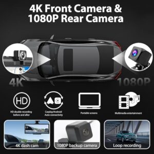 Apple Carplay screen for car with 4K Front Dash Cam & 1080P Rear Camera