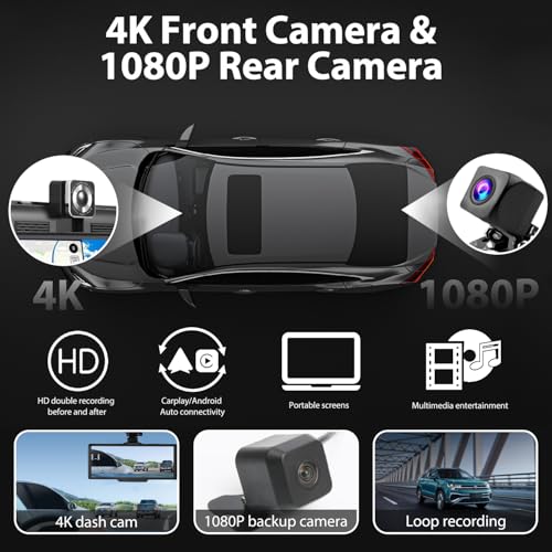 Apple Carplay screen for car with 4K Front Dash Cam & 1080P Rear Camera