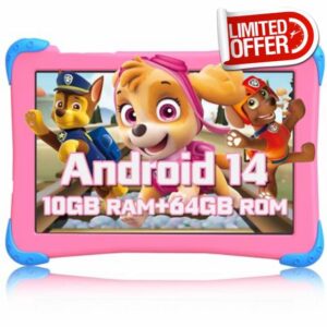 EagleSoar Kids Tablet 10 inch Android 14 Octa-core 10GB+64GB 1TB TF Expansion Tablet for Kids with Kids App Parental Control 5G WiFi Dual Camera with Case 2-Year Warranty (Pink)