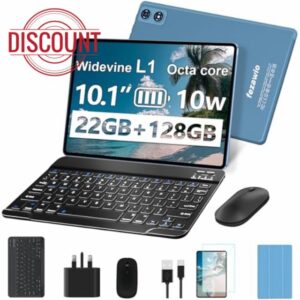 fezawio 2025 Newest 10 inch Android 14 Tablet|22GB RAM+128GB ROM|1TB Expandable|8000mAh|5G Wi-Fi|Widevine L1|Octa-Core|Keyboard-Mouse-Holster|Premium Entertainment & Light Office - Blue