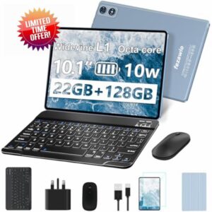 fezawio 2025 Newest 10 inch Android 14 Tablet|22GB RAM+128GB ROM|1TB Expandable|8000mAh|5G Wi-Fi|Widevine L1|Octa-Core|Keyboard-Mouse-Holster|Premium Entertainment & Light Office - Grey