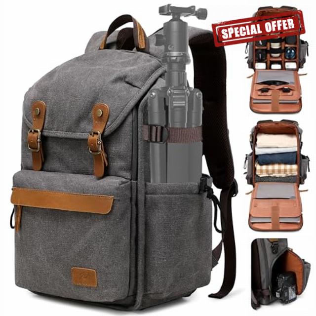Padwa Lifestyle Camera Backpack - Canvas Camera Bag with 16” Laptop/Lens & Tripod Compartment for Photographers