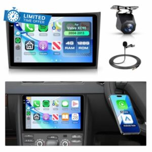 Rimoody 4G 128G Android Car Radio for Volvo XC90 2004-2013 10'' In-Cell Touch Screen Car Stereo with Wireless CarPlay Android Auto GPS/Bluetooth 5.0/FM RDS/EQ/Wi-Fi/Mirror Link/AHD Backup Camera