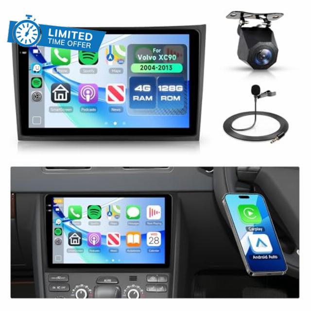 Rimoody 4G 128G Android Car Radio for Volvo XC90 2004-2013 10'' In-Cell Touch Screen Car Stereo with Wireless CarPlay Android Auto GPS/Bluetooth 5.0/FM RDS/EQ/Wi-Fi/Mirror Link/AHD Backup Camera