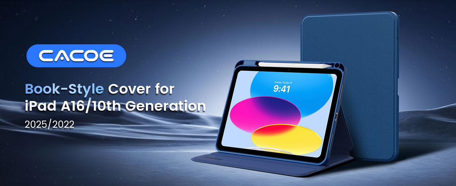 Text reads 'ZAGG', 'Book-Style Cover for', 'iPad A16/10th Generation'. Product promotional banner showing tablet case or cover with technical specifications.