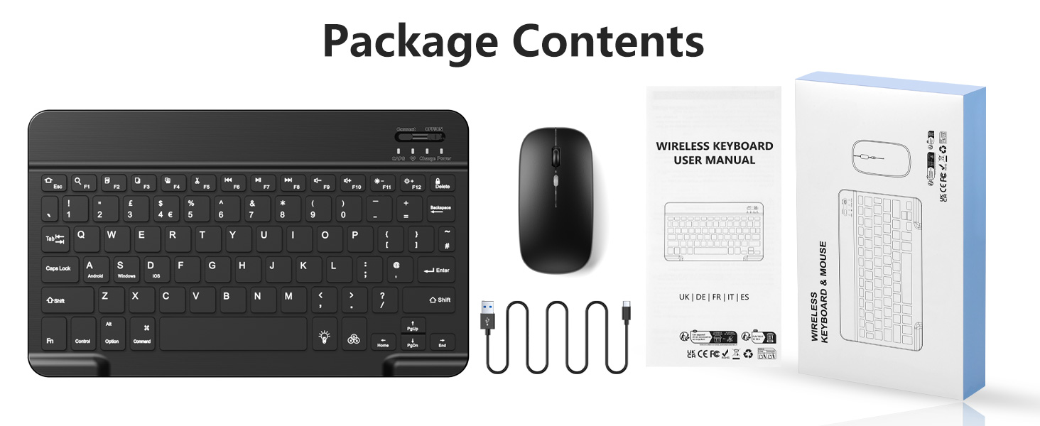 Product layout showing black wireless keyboard and accompanying accessories against white background.