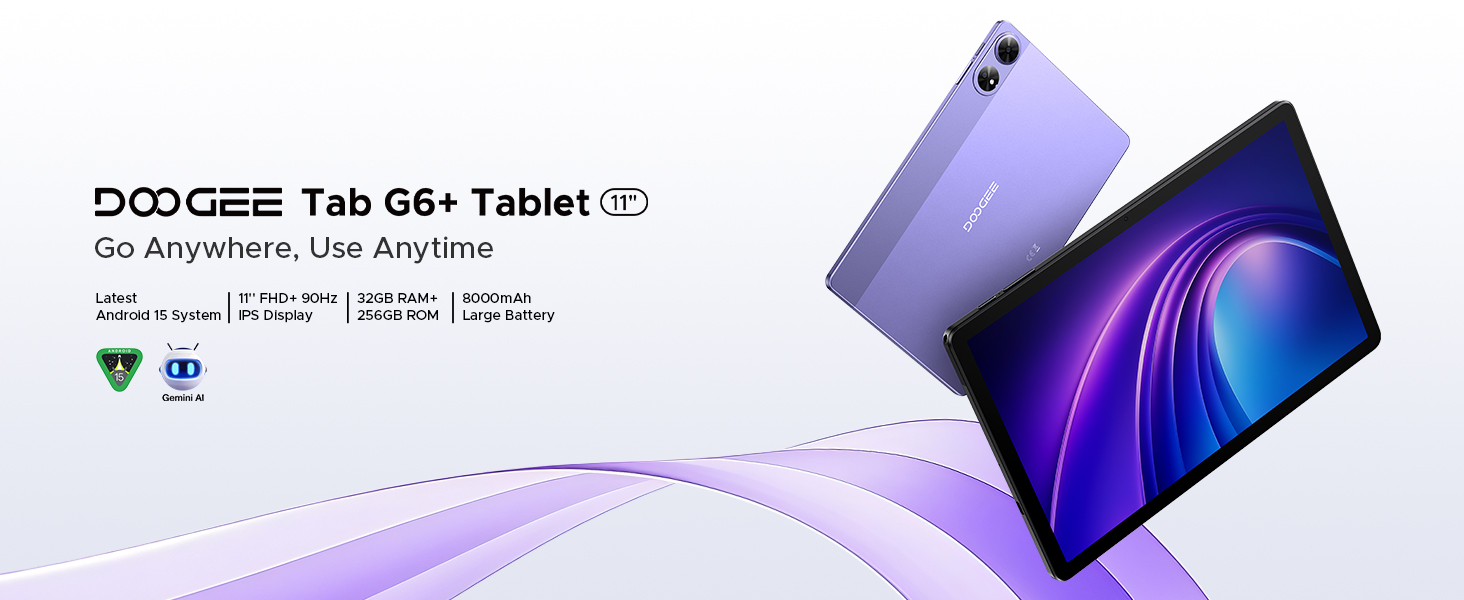 DOOGEE Tab G6+ Tablet in purple color, displaying curved screen. Device shown from front and back angles, highlighting slim design and dual rear cameras.