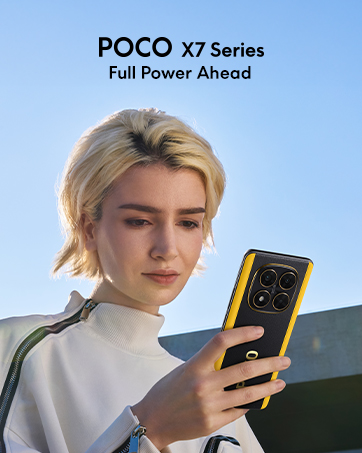 Text reads 'POCO F7'. Black smartphone with large camera module displayed against gray gradient background, showing product marketing image.