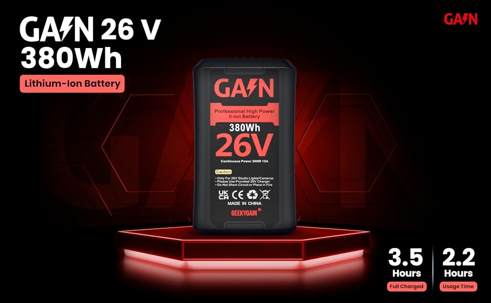 GAIN 26V 380Wh lithium-ion battery on red illuminated platform. Black rectangular device with red text. Specs: 3.5 hours full charge, 2.2 hours runtime.