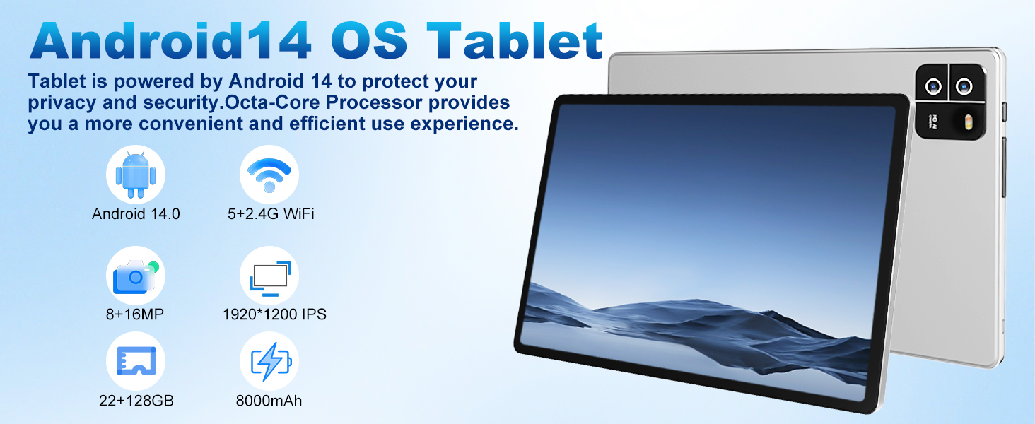 Android 14 tablet with 10.1-inch display, octa-core processor, 5G WiFi, dual cameras, and 6000mAh battery. Shows front and back views of a slim device with large screen.