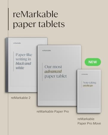 Text reads 'reMarkable' and 'paper tablets'. Product shots of digital tablets or e-paper devices with minimalist gray design.