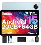 Text reads '4G LTE Android 15 8008 30GB RAM 256GB ROM'. Tablet device with dual rear cameras, displaying orange and white swirl background pattern.