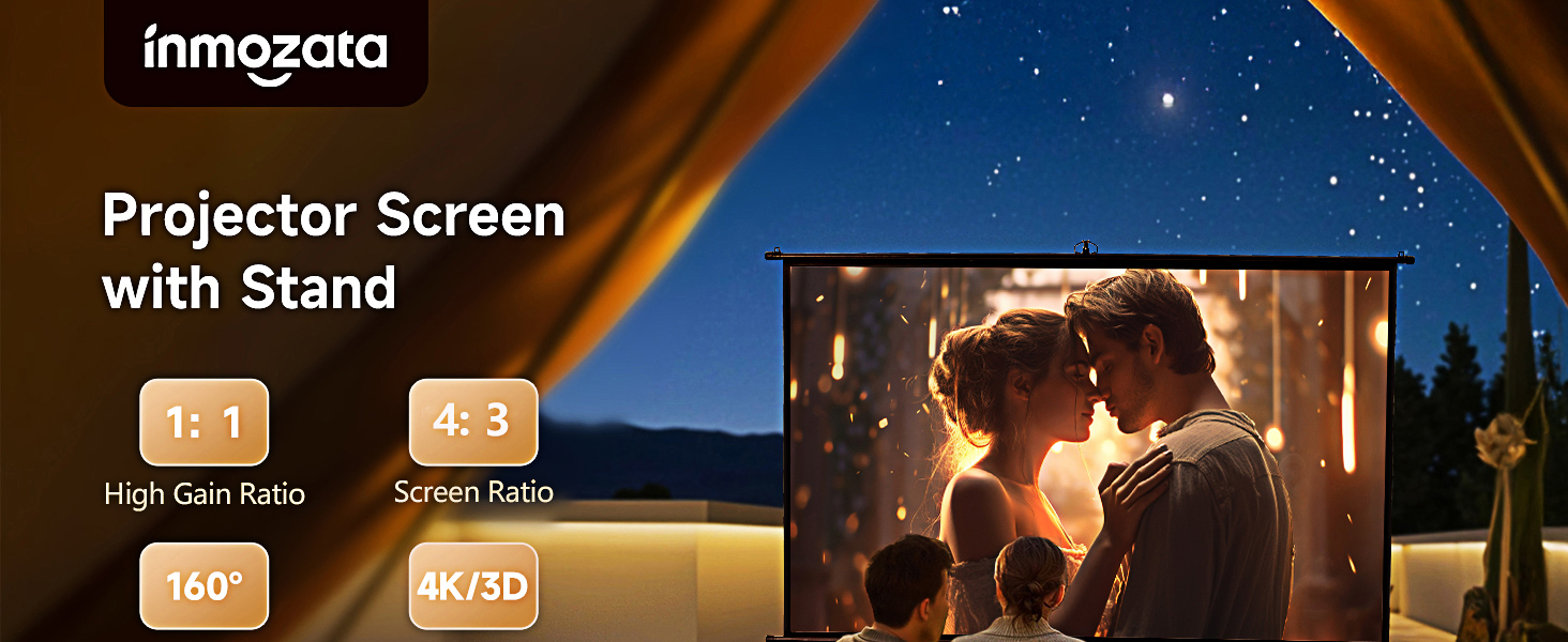 Text reads 'Imazuna Projector Screen with Stand'. Movie being projected on screen showing nighttime viewing setup.