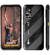Text reads '1000mA' and 'Android 14'. Rugged black smartphone with protective casing shown from front and back angles.