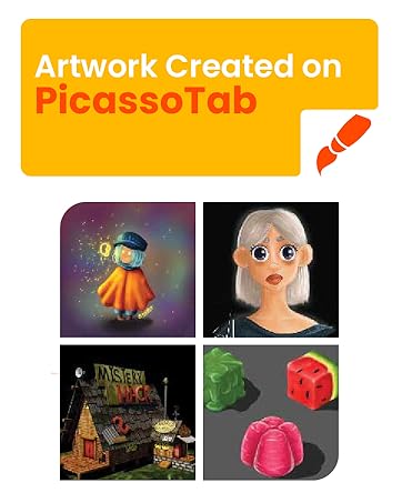 PicassoTab logo with 'Artwork Created on' text. Four digital art images below: a character, a portrait, a scene, and 3D objects.