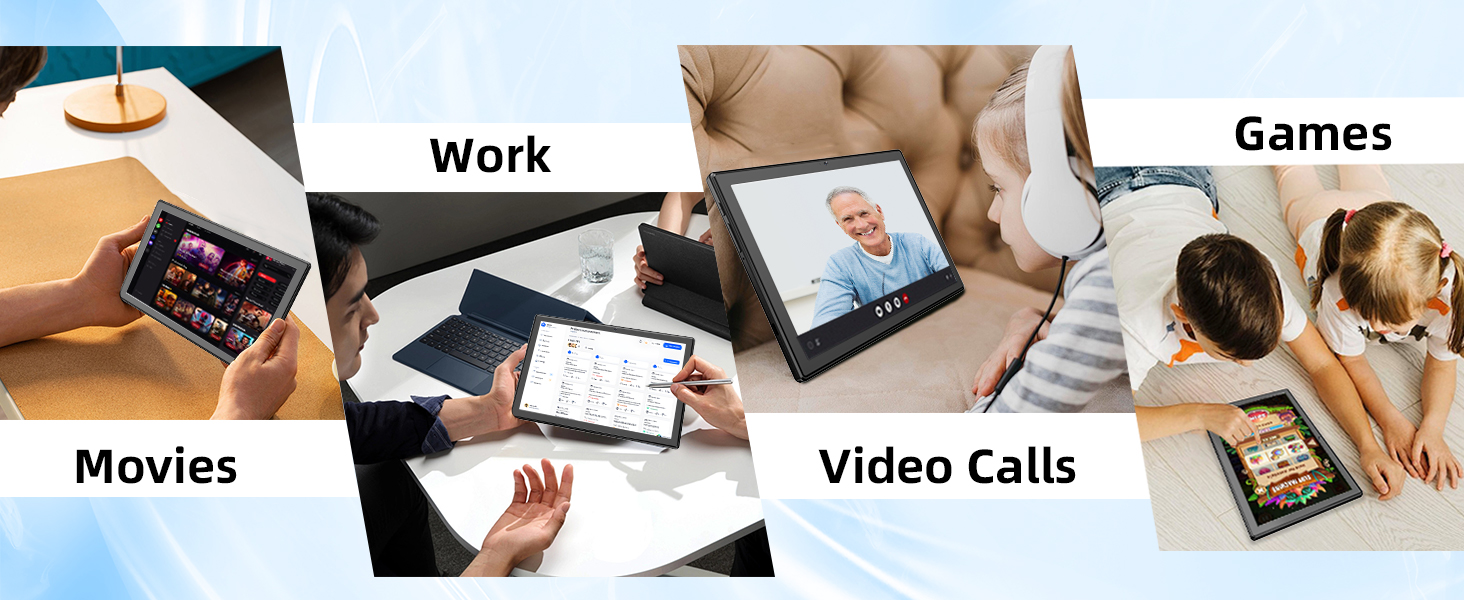 Tablet interface demonstration showing split-screen functionality with 'One-click Split-screen' text overlay.