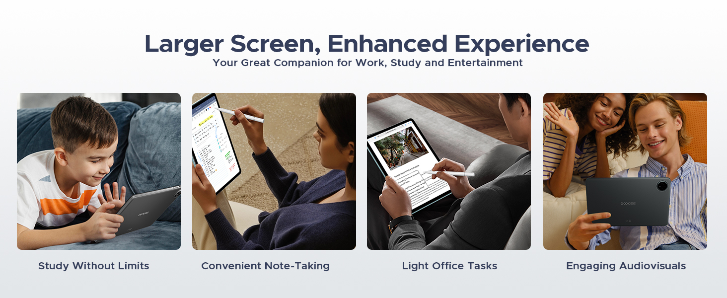 Text reads 'Larger Screen, Enhanced Experience'. Product demonstration interface showing multiple features and settings panels with gradient design.