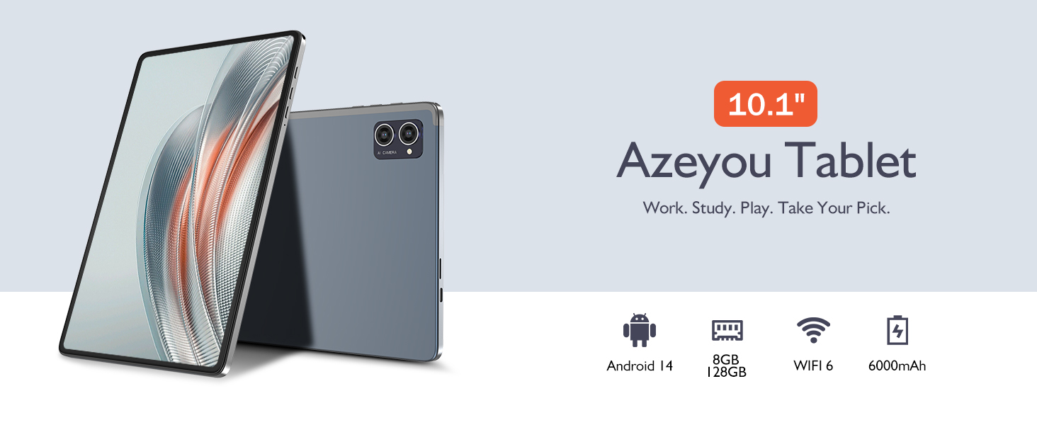 10.1-inch Azeyou Tablet with dark gray body, large display showing abstract feather design. Features Android 11, 32GB storage, Wi-Fi, and 6000mAh battery. Shown from front and back angles.