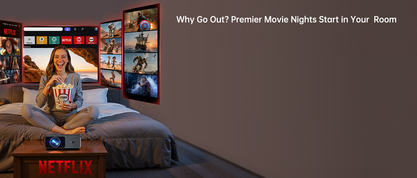 Text reads 'Why Go Out? Premier Movie Nights Start in Your Room'. Entertainment setup showing TV display with Netflix interface in dark room setting.