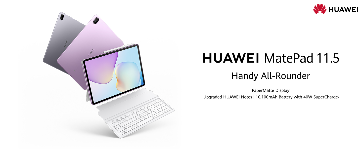 Text reads 'HUAWEI MatePad 11.5' and 'Handy AI-Bounder'. Product showcase of tablet device with attached keyboard in purple/silver color scheme.
