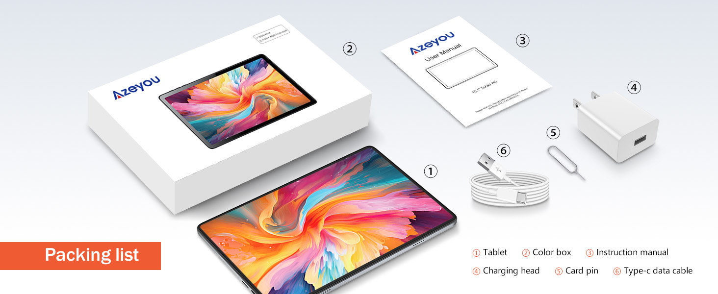 Tablet with colorful display shown with packaging and accessories including charging cable, wall adapter, and user manual. Packing list visible indicating included items.