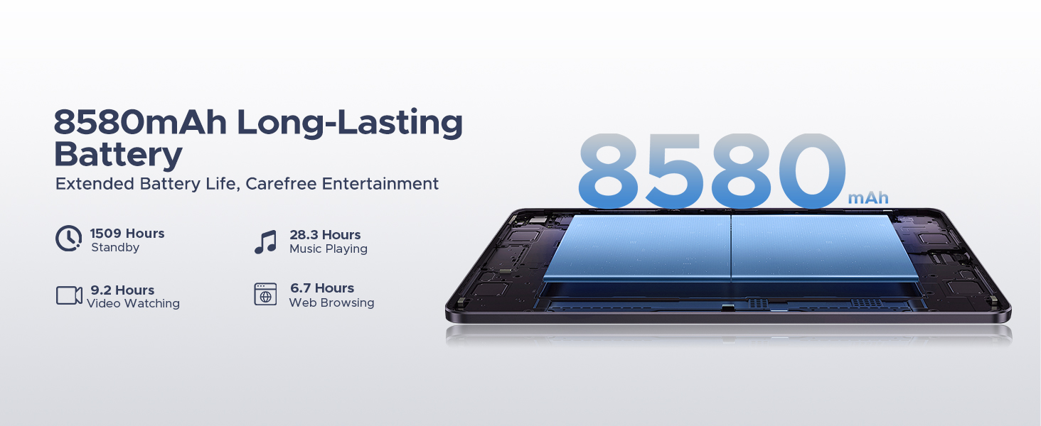 Text reads '8580mAh Long-Lasting Battery'. Shows a smartphone or mobile device display with battery-related interface elements.