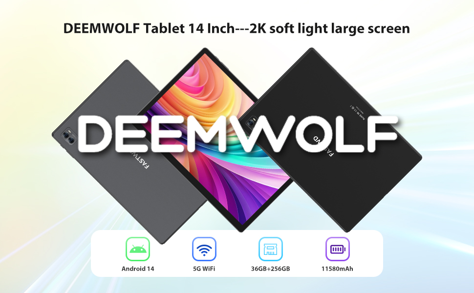 DEEMWOLF tablet advertisement showing 14-inch 2K soft light screen with colorful diagonal display panel and feature icons below.