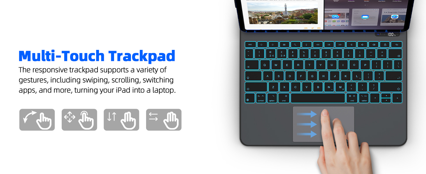 Text reads: 'Function Keys For Use with iPadOS' and 'Simply press the shortcut keys to open the voice assistant, adjust brightness and volume, and more.' Laptop keyboard with blue backlit keys.