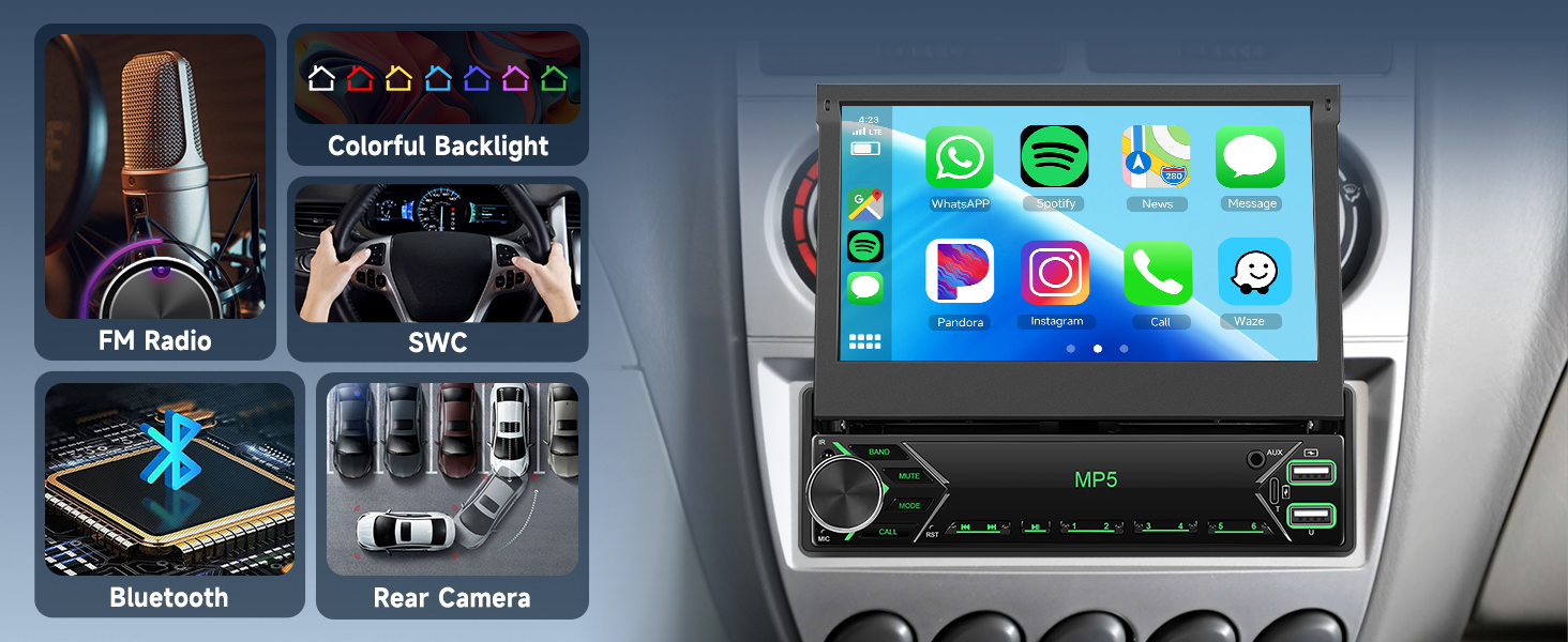 Car infotainment system with 7-inch touchscreen displaying app icons. Features include FM radio, Bluetooth, rear camera, and colorful backlight options.